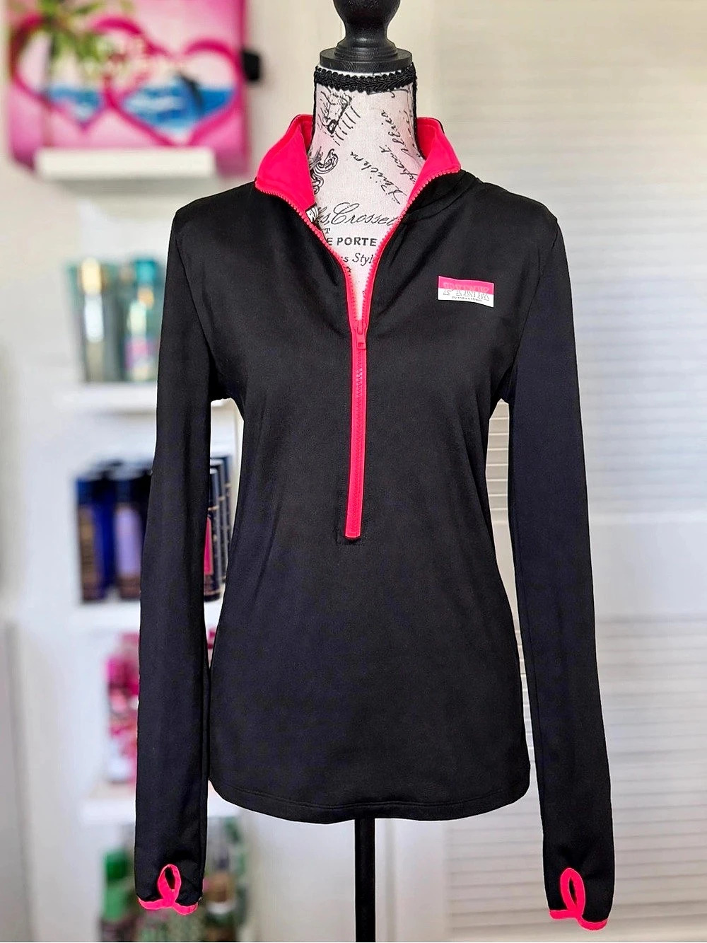 Victoria’s Secret PINK Quarter-Zip Pullover M Black Hot Pink Y2K